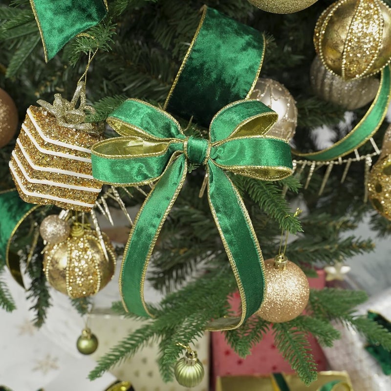 Meedee Crushed Green Velvet Ribbon with Gold Back 1 Inch Double Sided Christmas Wired Ribbon 25 Yards, Perfect for Christmas Tree Decorations, Wreath Supplies, Crafts Bow Making - Image 5